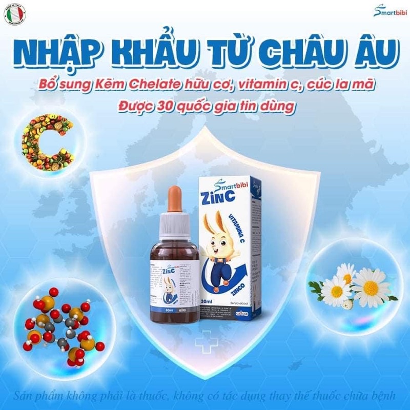 Siro kẽm Chelat hữu cơ Smarbibi Zin C giúp bé tăng đề kháng kích  thích ăn ngon,ngủ ngon