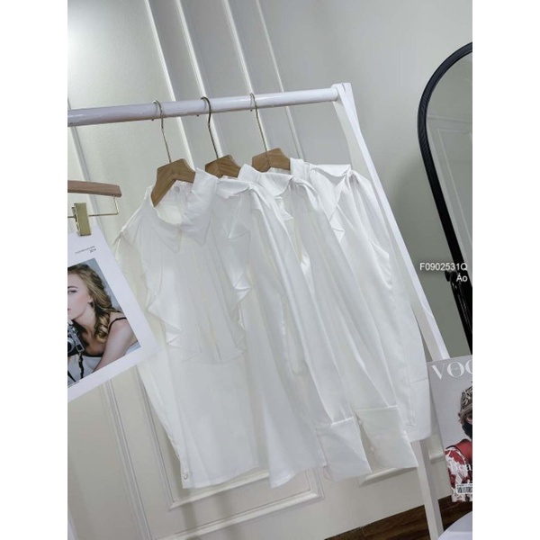 Áo sơ mi trắng kiểu ngực phối bèo tay dài gài nút 0902