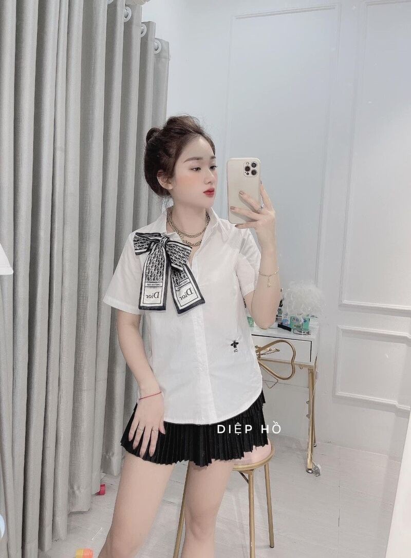 [Mã FAMARAL1 giảm 10K đơn 50K] Áo sơ mi cộc cổ bẻ thêu nhấn sườn ( có bản kèm nơ ) | BigBuy360 - bigbuy360.vn