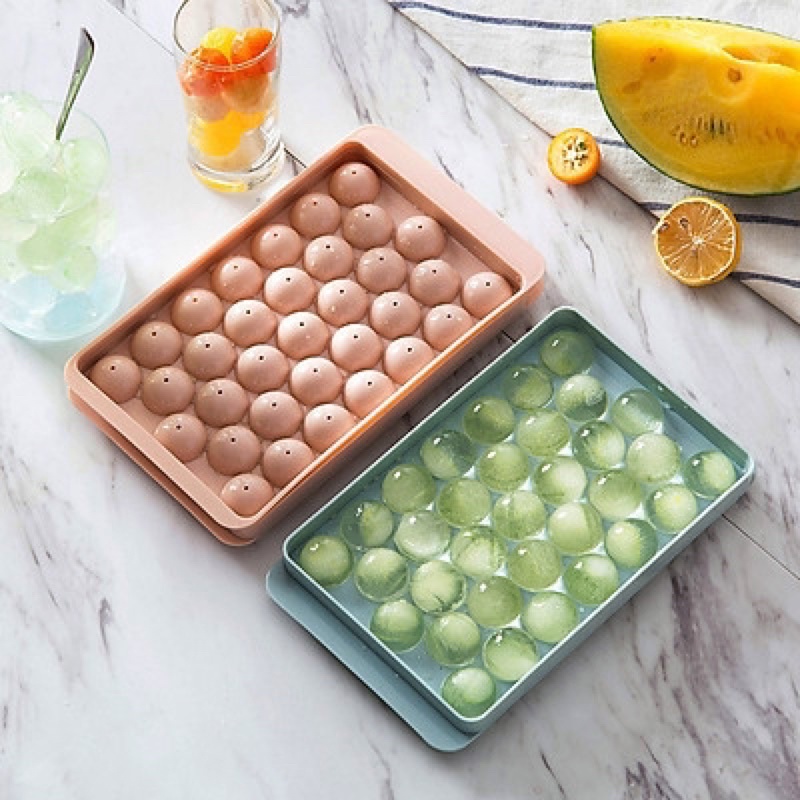 Khuôn Thạch Tròn, Khay Đá Bi 33 Viên Có Nắp Đậy - Nhựa Màu Pastel - Làm Đá Viên, Đỏ Kem, Thạch