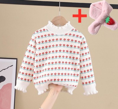 Bộ Áo Sweater Phối Khăn Choàng Cổ Nnjxd Hoạ Tiết Quả Dâu Tây Dễ Thương Dành Cho Bé Gái