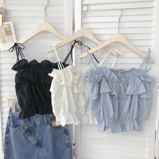 Áo hai dây croptop bèo ngực thắt nơ vai - Áo 2 dây nữ chất đũi hở lưng kiểu dáng hàn quốc
