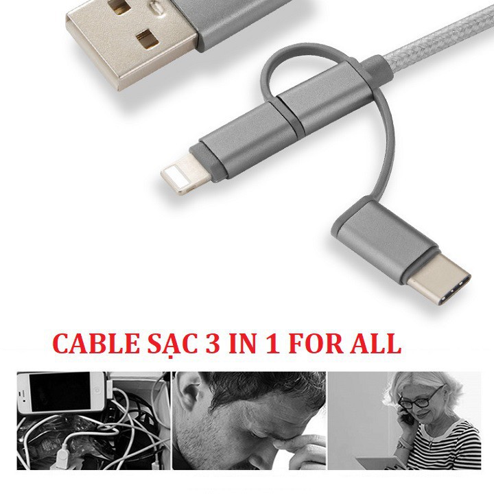 Cáp sạc 3 in 1 Micro USB ,Lightning,Type C- CÁP 3 ĐẦU LIỀN