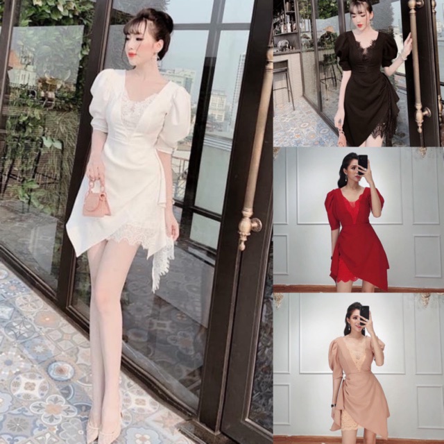 Váy tay bồng lệch tà phối ren