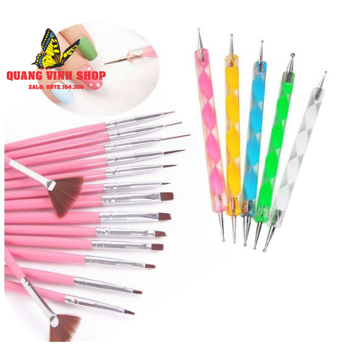 Combo bộ 15 cây cọ làm nail và 5 cây chấm bi đủ cỡ