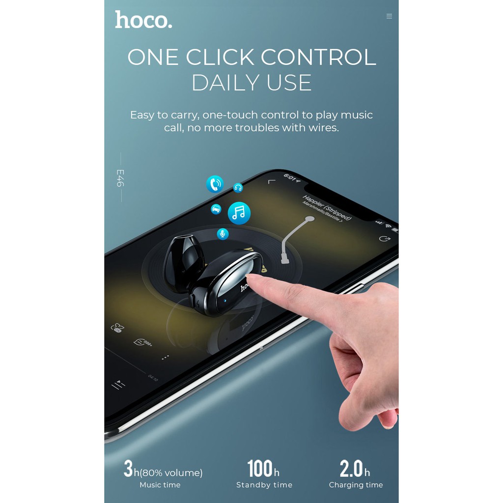 Tai Nghe Bluetooth Hoco E46 V4.2 dung lượng 50mAh, chất liệu nhựa ABS, thời gian sạc 2h, sử dụng 3h, kích thước mini