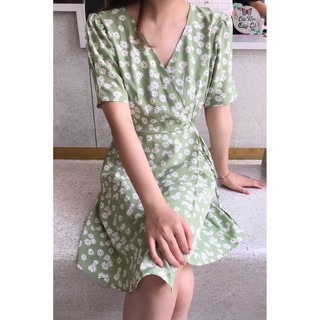 ĐẦM HOA CÚC CỔ ĐẮP CHÉO CỘT DÂY EO - HÌNH CHỤP THẬT
