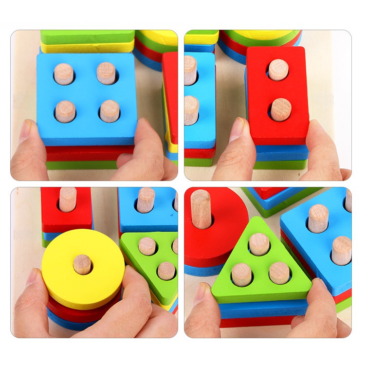 [Size 13x13cm có hộp] Đồ chơi gỗ montessori thả hình khối 4 cọc cho bé