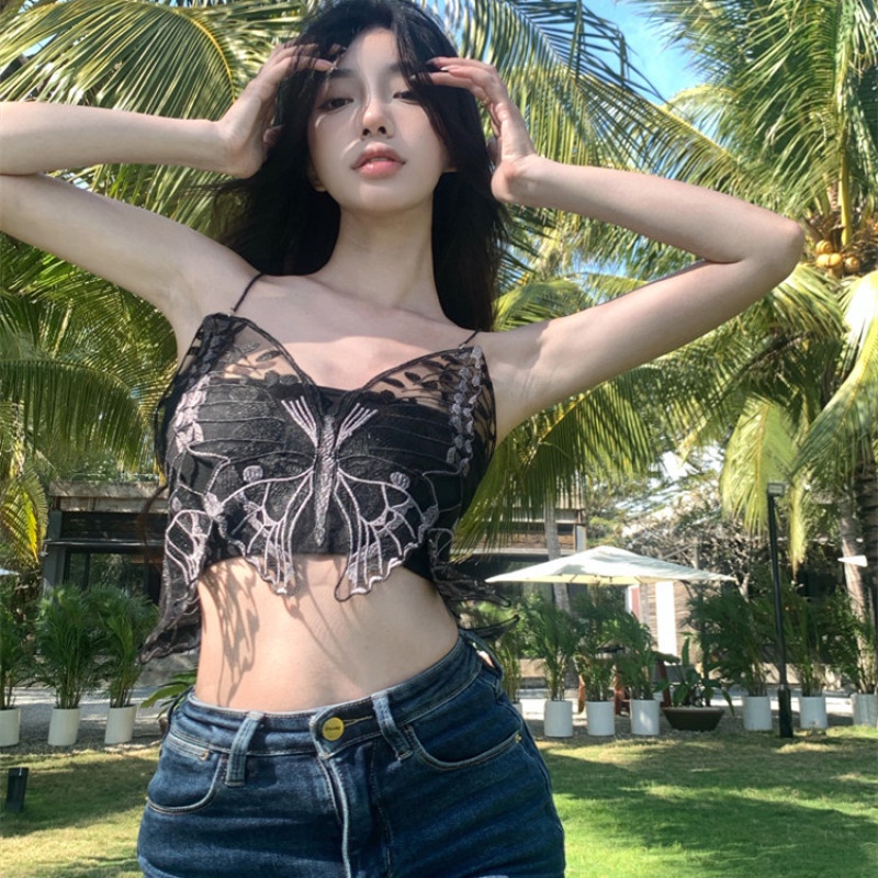 Áo Hai Dây Mỏng Vừa Vặn Thêu Ren Hình Bướm Màu Đen Gợi Cảm Phối Ren Đính Cườm