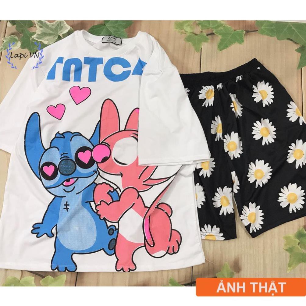 Set Đồ Bộ In Hình STITCH+ QUẦN cartoon HOA CÚC 3D Cute DB29 -Lapi VN Áo+ Quần Đùi Vải Thun Cotton Thoáng Mát, Freesize