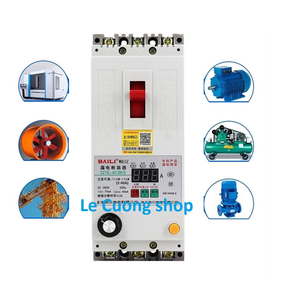 Aptomat 3 pha 380V ,hẹn thời gian chạy, chống giật, chống mất pha,bảo vệ quá tải động cơ