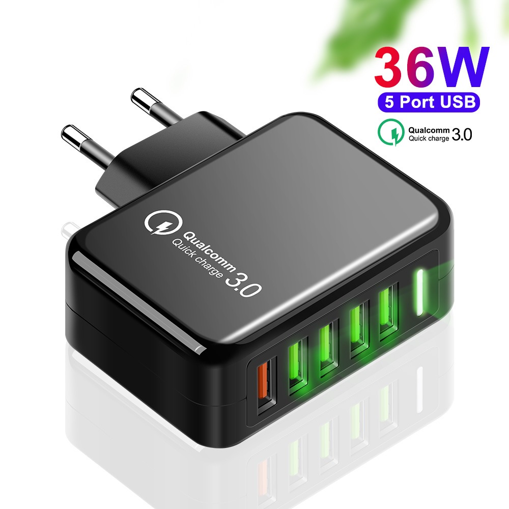 Củ Sạc 5 Cổng Usb 36w Qc 3.0 Cho Iphone 11 12 Xiaomi Huawei Samsung