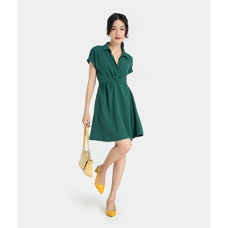 Đầm Ngẵn Nữ Thời Trang HNOSS Cổ Sơmi Tay Ngắn Xoắn Eo HNDLU056