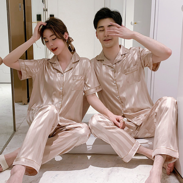 Bộ Đồ Ngủ Ngắn Tay Vải Phi Bóng Cho Cặp Đôi