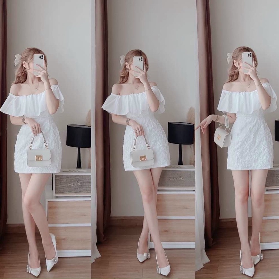 Váy đầm nữ body kiểu trễ vai phối bèo voan thân váy xốp dễ thương  thiết kế kèm mút dự tiệc sang chảnh hời trang nữ