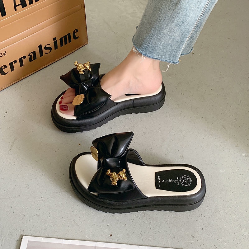 Dép Đế Dày Đính Nơ Thiết Kế Mới Cao Cấp Thời Trang