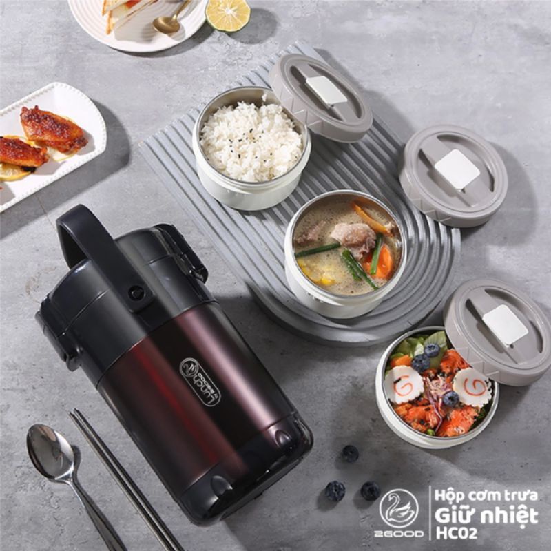 Hộp cơm giữ nhiệt đa năng inox 3 ngăn 2GOOD HC-02 , dung tích 2L , Bảo hành giữ nhiệt lên đến 5 năm