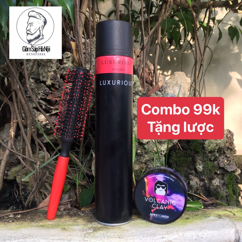 COMBO Gôm Xịt Tóc  Luxurrious 400ml + Sáp Vuốt Tóc Nam Vol Clay ( Đen)