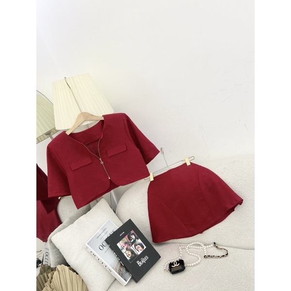SET CROP DẠ ĐỎ DÂY KÉO + CHÂN VÁY