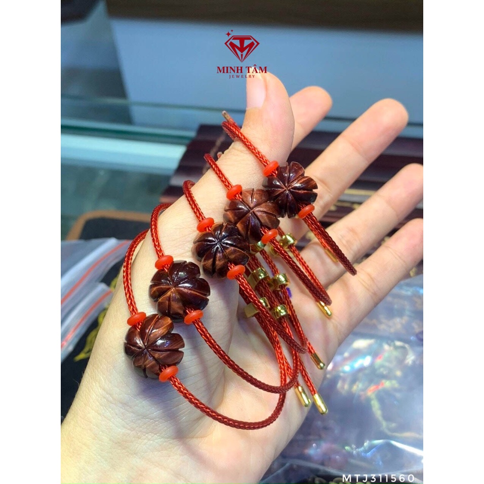Vòng tay cỏ bốn lá mắt hổ nâu vàng mix dây cước kim loại, Vòng tay dây cước cỏ bốn lá đá mắt hổ-Minh Tâm Jewelry