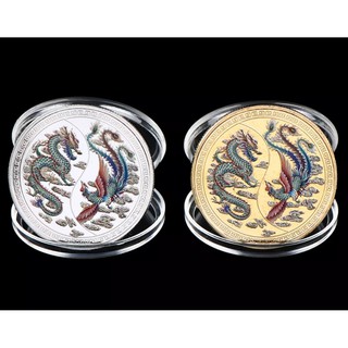 đồng xu rồng phượng - xu Long Phụng in màu, biểu tượng may mắn hạnh phúc