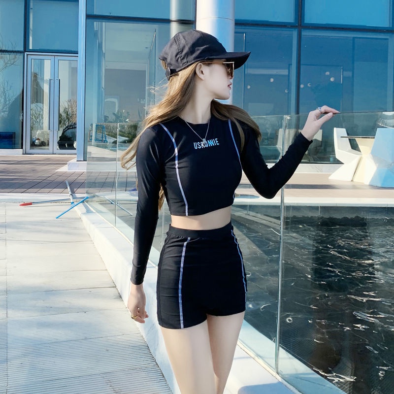 Bộ Đồ Bơi Thể Thao Tay Dài Quần Lưng Cao Ôm Dáng Phong Cách Hàn Quốc Thời Trang Cho Nữ