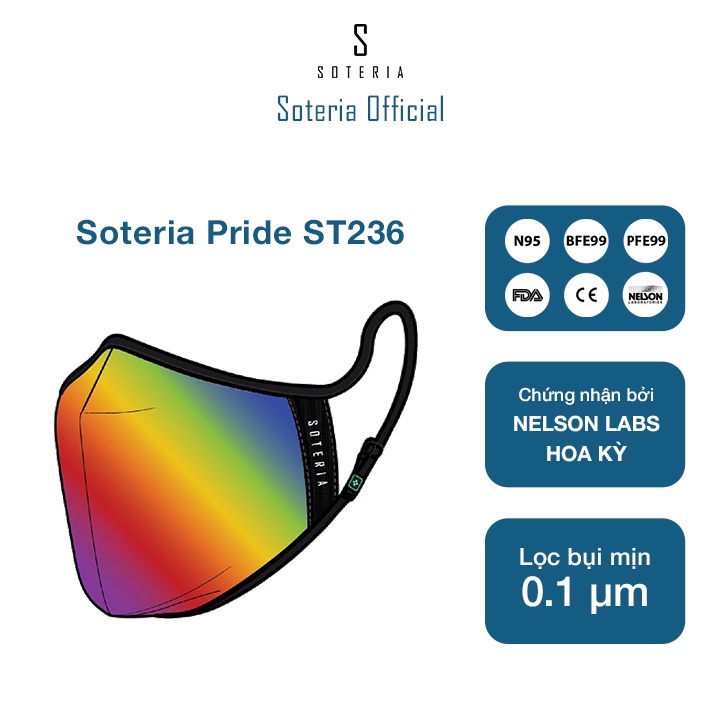Khẩu trang tiêu chuẩn Quốc Tế SOTERIA Pride ST236 - Bộ lọc N95 BFE PFE 99 lọc đến 99% bụi mịn 0.1 micro- Size S,M,L