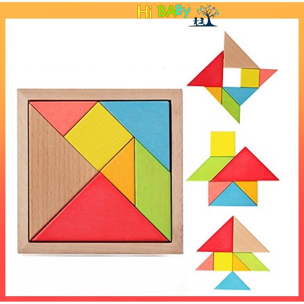 Bộ Đồ chơi xếp hình Tangram bằng gỗ - kích thước 12.1x12.1 cho bé yêu