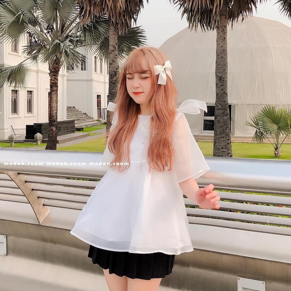 Áo Babydoll Trắng Phối Nơ Vai JOLIE Nữ  🌸 Thun kiểu bánh bèo tiểu thư mặc đi biển hàn quốc đẹp Ulzzang 🌸