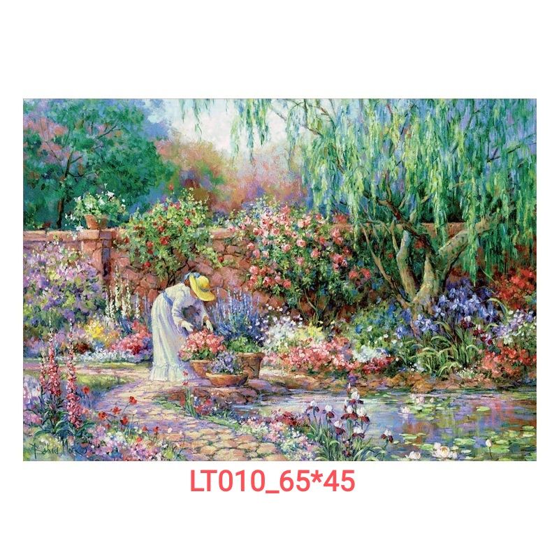 LT010 Tranh thêu chữ thập phong cảnh hoa lá hồ chỉ lụa chỉ thường