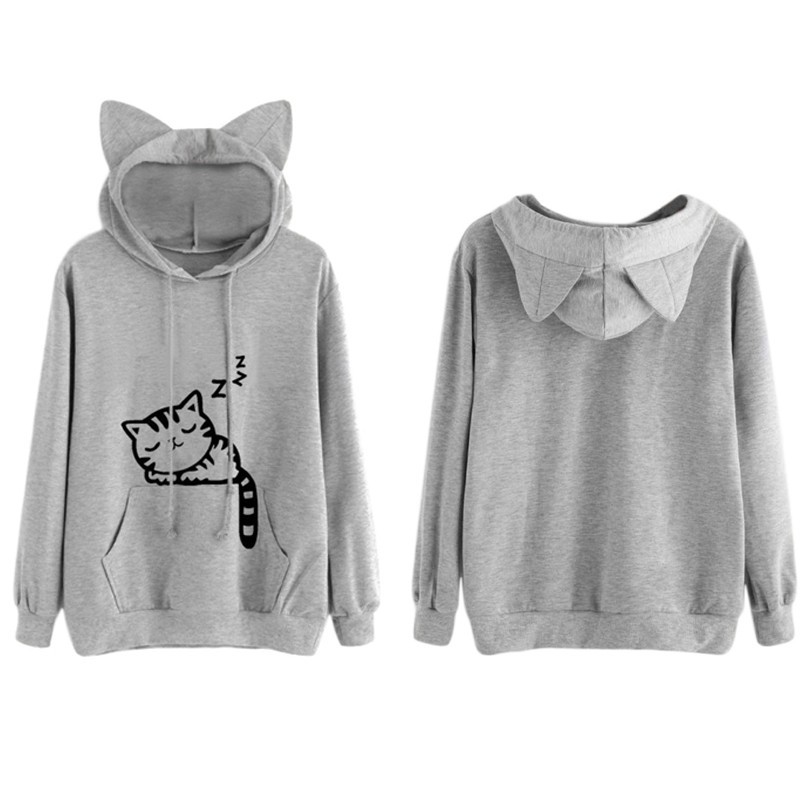 Áo hoodie tai mèo in hình mèo dễ thương