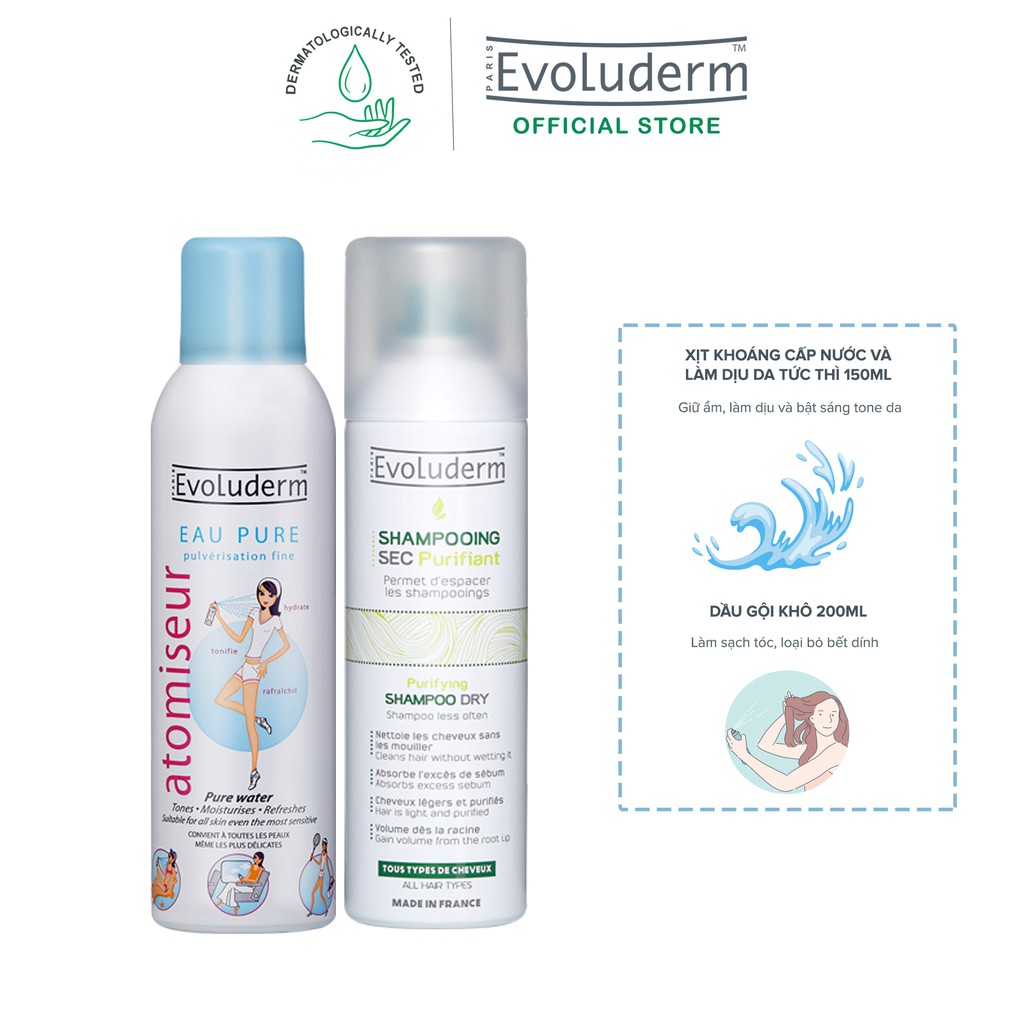 Bộ du lịch xịt khoáng Evoluderm 150ml và Dầu gội khô Evoluderm 200ml