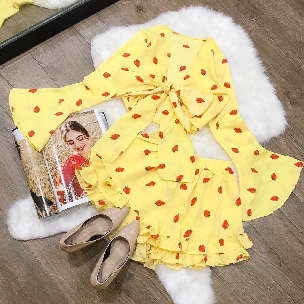 Sét Bộ Voan In Hình Dây Tay Kết Hợp Cột Nơ Ngực Phong Cách Mới TTS0539