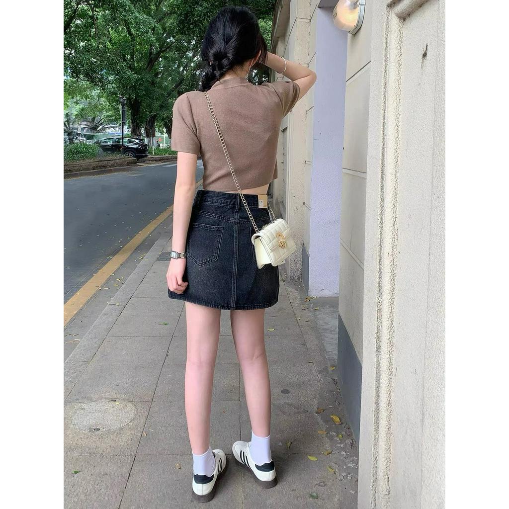 Chân váy jean nữ ngắn chữ A lưng cao túi vuông, váy bò nữ trơn màu đen xanh có quần phong cách y2k ulzzang hàn quốc