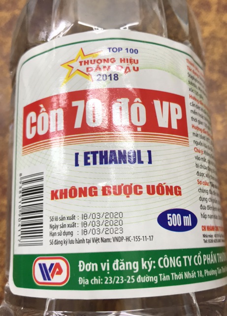 1 chai cồn 70 độ Vĩnh Phúc 500 ml màu trắng