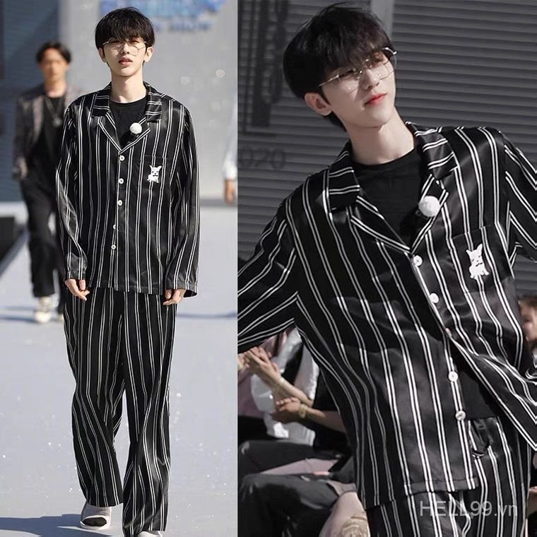 Set đồ ngủ tay dài chất lụa lạnh phong cách Hàn Quốc thời trang xuân thu cho nam