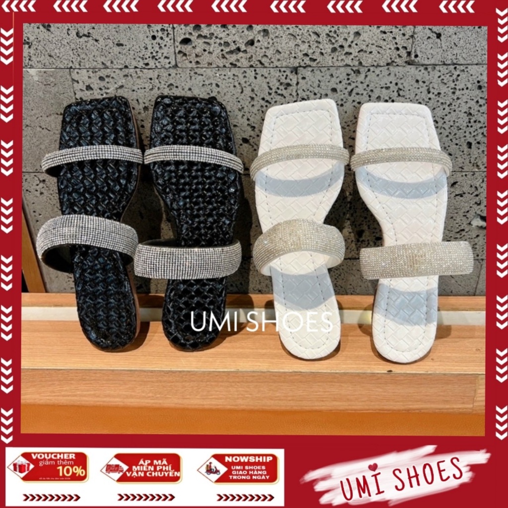 Dép nữ đi lê quai ngang chéo đính đá mảnh sáng da mũi vuông đế bệt đi biển xinh mới hot màu đen/trắng