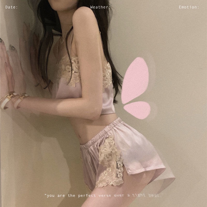 Bộ đồ ngủ hai dây phối ren mỏng thời trang mùa hè hàng mới năm 2021 dành cho bạn nữ mặc tại nhà