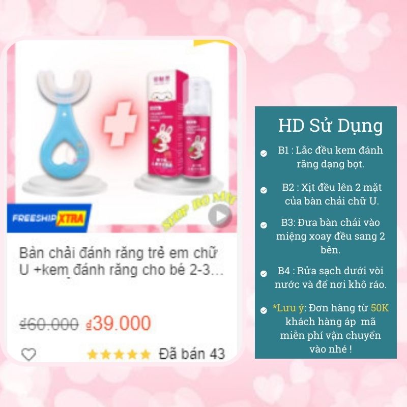 Bàn chải đánh răng trẻ em chữ U +kem đánh răng cho bé 2-3-6-12 tuổi 360 độ silicon siêu mềm SHOPBOMIT BC+KDR01