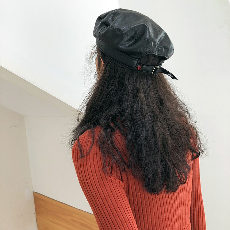 Mũ nồi da PU phong cách thời trang thu đông phong cách nghệ sĩ phương Tây Nhật Bản có thể điều chỉnh