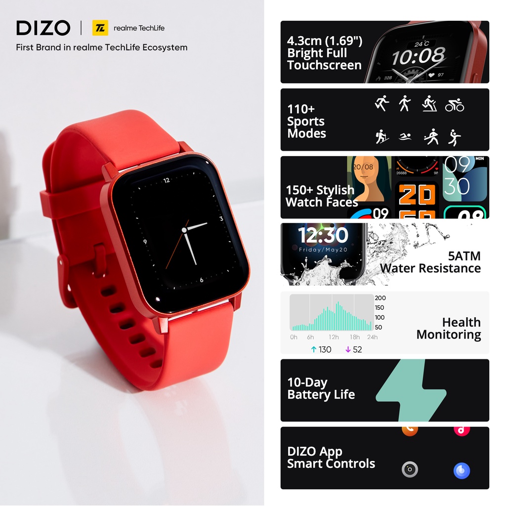 Đồng hồ thông minh Realme TechLife DIZO Watch 2 Sports thể thao màn hình cảm ứng HD  5ATM chống thấm nước