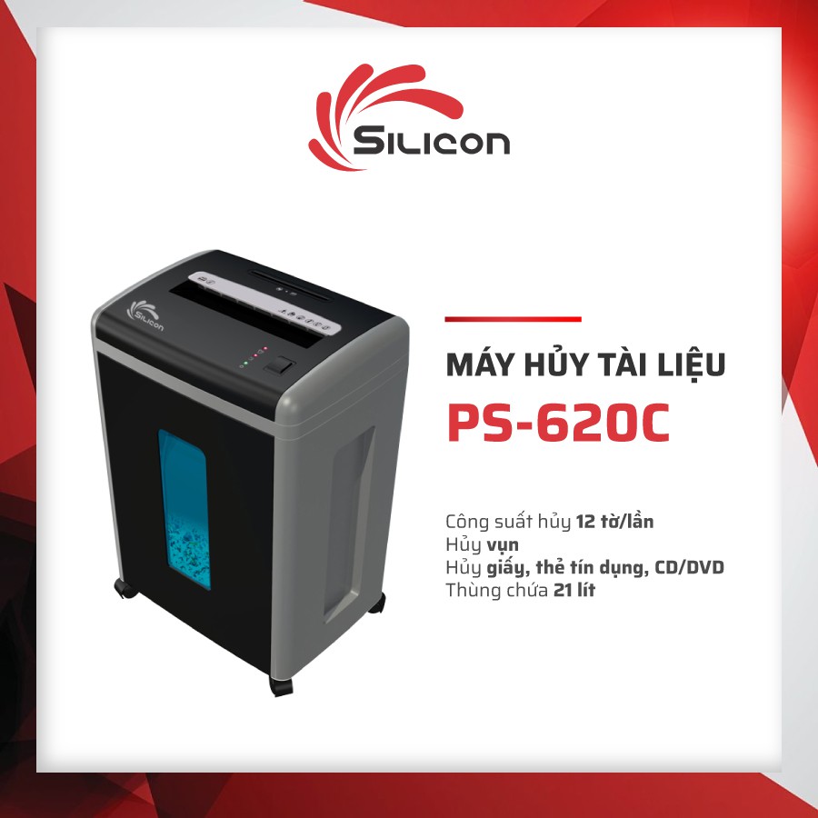 Máy hủy giấy,tài liệu Silicon PS-620C (12 tờ A4 /lần hủy, hủy vụn 4x50 mm) Huỷ đĩa CD / DVD, thẻ, gim- Chính hãng