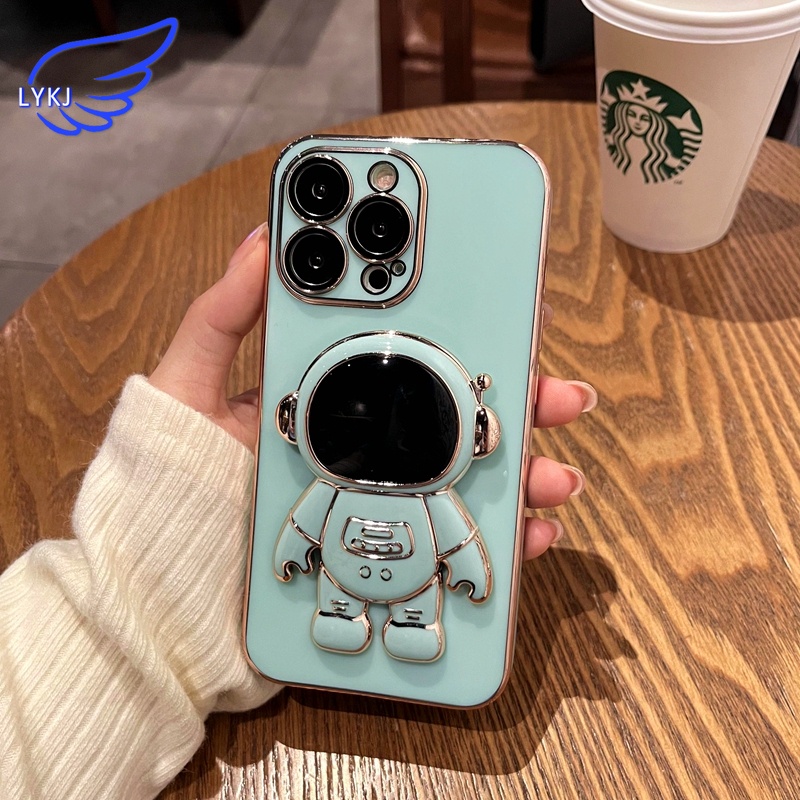 Ốp Điện Thoại Màu Trơn Có Giá Đỡ Mạ Điện Họa Tiết Phi Hành Gia Cho iPhone 13 12promax xs xr xsmax 11promax