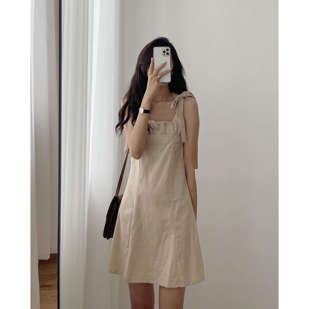 Đầm Nữ Nơ Vai Rúm Ngực 🦋 Váy 2 Dây Nữ Dáng Lỡ Chất Đũi 3 Màu 🦋 | BigBuy360 - bigbuy360.vn