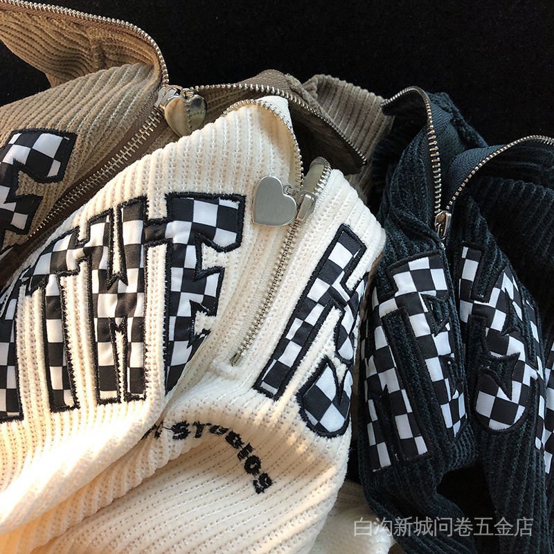 Áo sweater vải nhung kẻ sọc dọc màu vàng sữa cổ điển mùa thu kiểu Mỹ cổ điển cho nữ