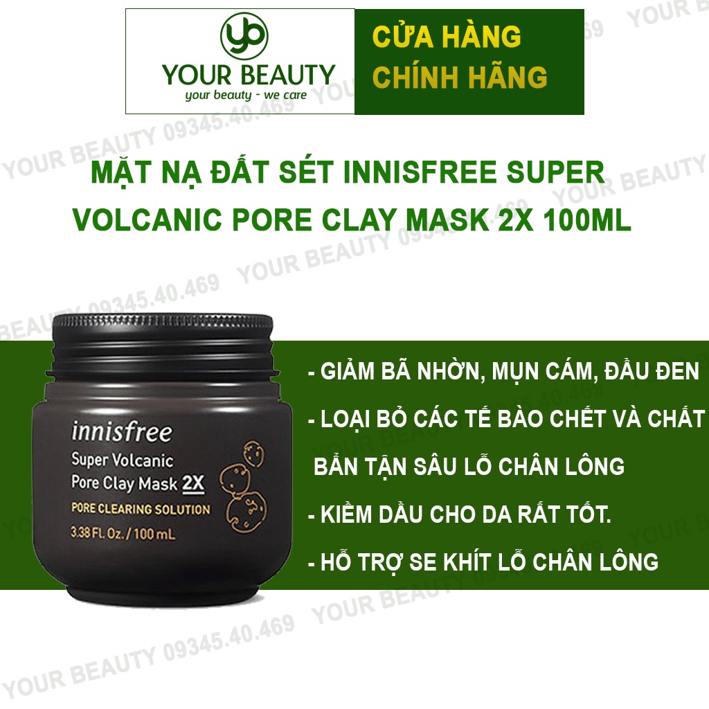 Mặt nạ đất sét giảm bã nhờn thu nhỏ lỗ chân lông từ đá tro núi lửa Innisfree Super Volcanic Pore Clay Mask 2X