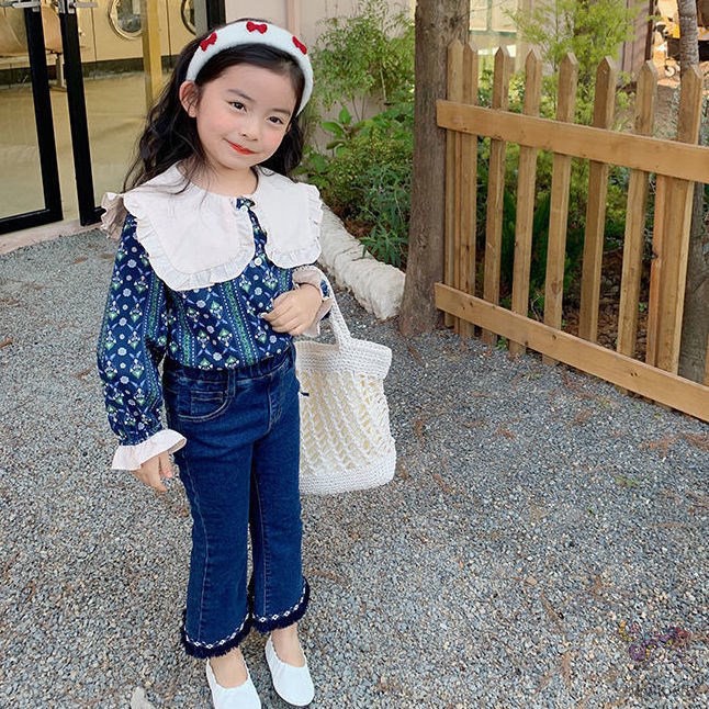 Bộ Áo Sơ Mi Hoa + Quần Jeans Ống Loe Thời Trang Hàn Quốc Cho Bé Gái