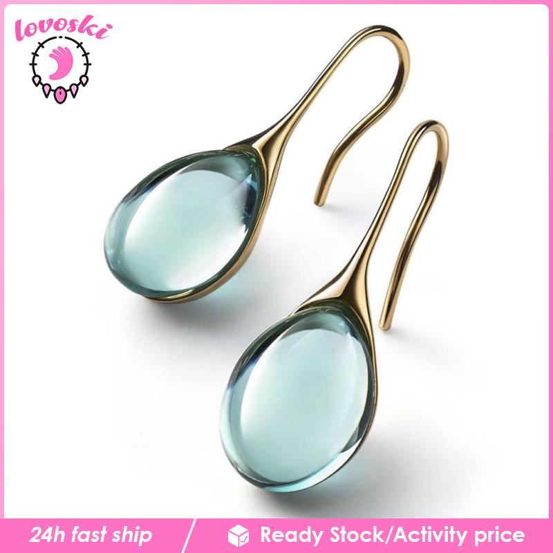 Khuyên tai dạng móc hình giọt nước đính đá tự nhiên màu tím cho nữ