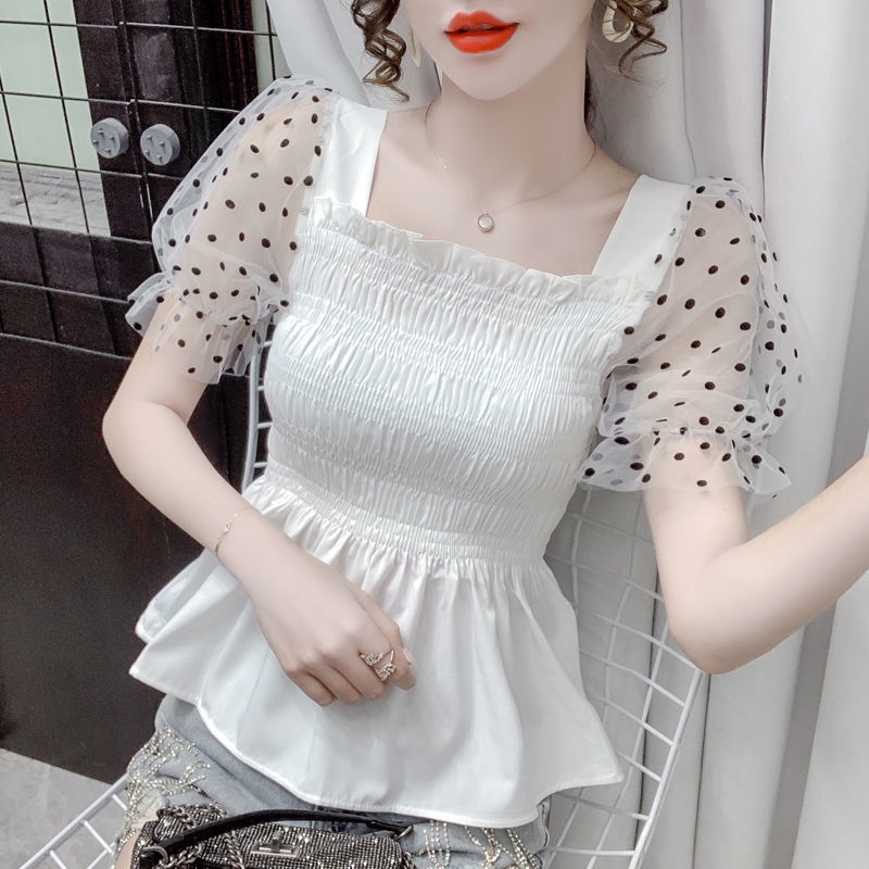 Áo chiffon Tay Ngắn Phối Lưới Kiểu Gợn Sóng Thời Trang 2022 Cho Nữ 2022
