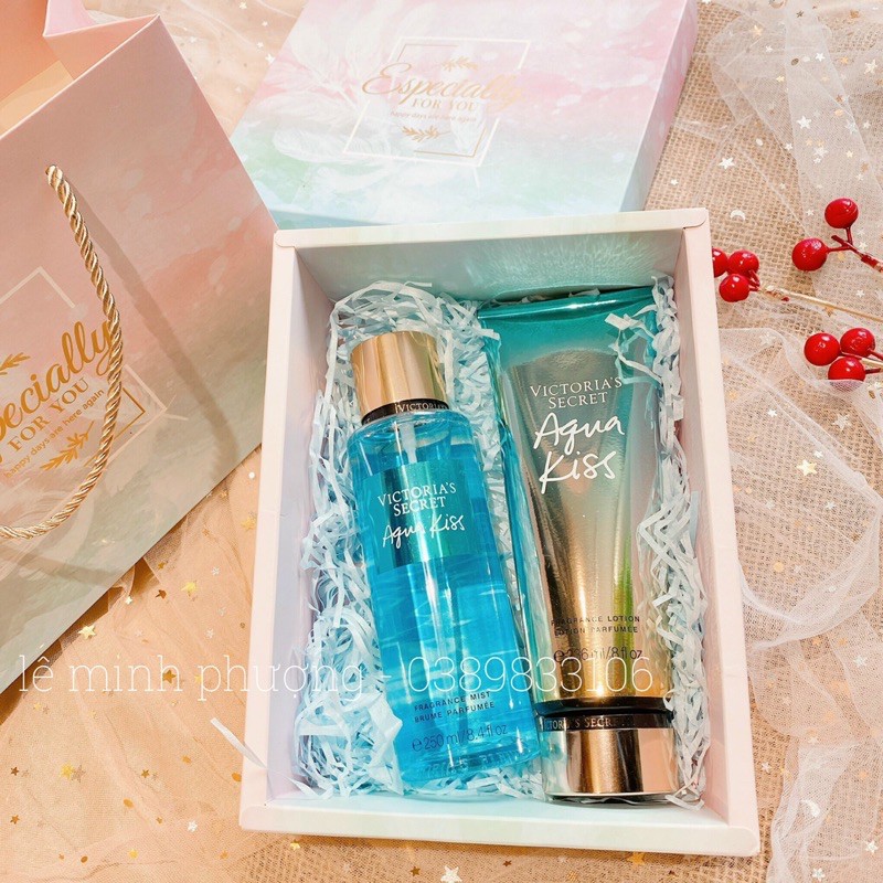 set xịt dưỡng thể body mist và lotion kem dưỡng victoria secret amber ,aqua kiss ,velvet petals